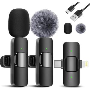 ODGG 2 Pack Wireless Lavalier Microphone for iPhone 15, USB C Android Phone, Laptop, Tablet, PC, Type-C Mini Lapel Mic with Noise Reduction for Vlog Video Recording Content Creator (2 in 1)