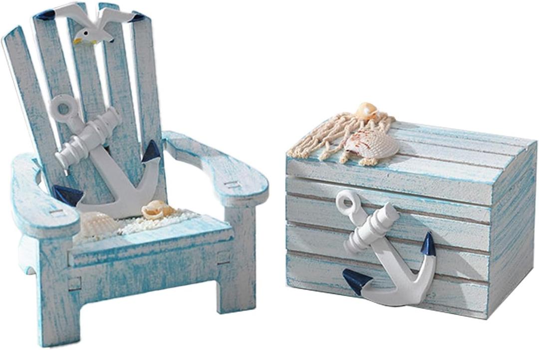 2 Pack Wooden Handmade Mini Chair Box Beach Decor Nautical Theme Decoration for Home Office Desk (Anchor)