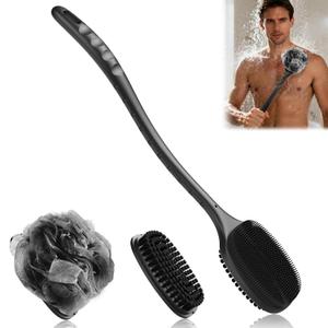 VWMYQ Back Scrubber for Shower, New Update Double Sided Body Scrub Brush Long Handle with Soft Silicone Bristles and Stiff Nylon Bristles for Shower Exfoliating and Massage Can Produce More Rich Foam