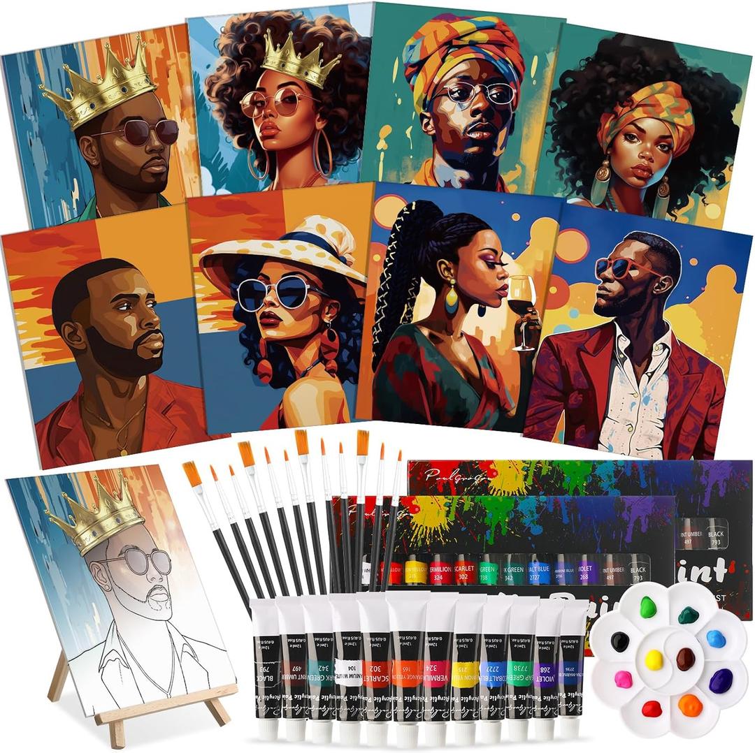 Cholemy 36 Pcs Paint and Sip Kit for Adults 8''x10'' Pre Drawn Canvas for Painting DIY Afro Acrylic Painting Kit Wood Easel Brushes Date Night Bulk for Valentine Party Gifts(Black Women)