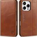 SHIELDON Wallet Case for iPhone 16 Pro 6.3" 2024, Genuine Leather Folio Magnetic Closure RFID Blocking Card Holder Kickstand Full Protection Phone Case Compatible with iPhone 16 Pro - Retro Brown