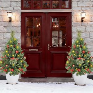 2 Set 30 Inch Christmas Urn Fillers, Outdoor Christmas Tree Pre-Lit LED Pre-Decorated with Pine Cones Red Berries Balls, Artificial Christmas Porch Decor for Yard, Garden, Pathway