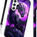 for Samsung Galaxy A16 5G Phone Case 6.7 Inch with Wrist Strap, Dual Layer Hard PC & Silicone Protective Design Heavy Duty Shockproof Glossy Cover for Women Men, Purple Moon Dragon
