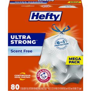 Hefty Ultra Strong 13 Gallon Trash Bags, Tall Kitchen Trash Bags 13 Gallon Size, Drawstring Closure, Continuous Odor Control, White, Unscented, 80 Bags