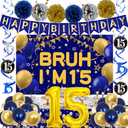 15th Birthday Decorations for Boys, Blue and Gold Happy 15th Birthday Decorations Boy, Bruh I'm 15 Backdrop Happy Birthday Banner Tablecover Number 15 Balloons Pompoms,15 Year Old Boy Bday Party Decor