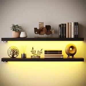 BAMEOS Black Floating Shelves with LED, 31" Sturdy Wood Wall Shelves with Invisible Brackets, Set of 2, Wall Mounted Display Shelves Decoration for Bedroom, Bathroom, Living Room, Kitchen