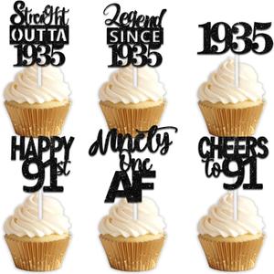 18pcs Black Glitter Dessert Cupcake Pick for Straight Outta 1935 Legend Since 1935 Theme Decor Supplies Men Happy 91st Birthday Party Decoration