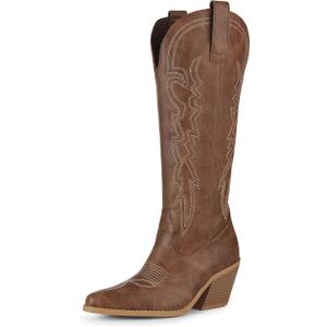IDIFU IN3 Cowboy Boots for Women Cowgirl Knee High Western Embroidered Booties Side Zipper Low Block Chunky Heel Pull on Pointed Toe Tall Booties Comfy Dress Long Boots, US 9