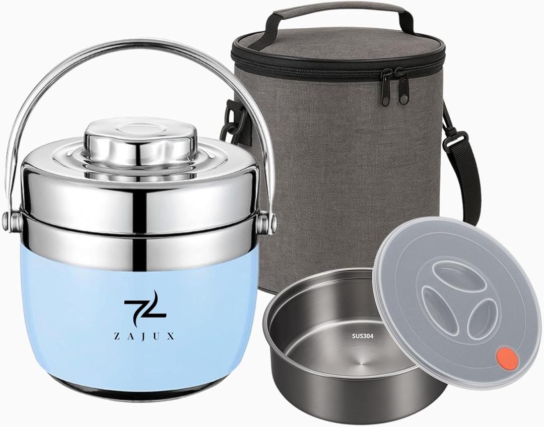 Stainless Steel Lunch Box Light Blue for Adults, Large Capacity 51 oz (1.5 L), Double compartment, keeps food Fresh and Warm, Ideal for Work and Travel, Leak-Proof, Portable.Includes Special Bag