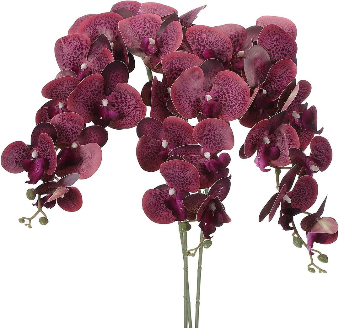PATIKIL Artificial Orchid Stems 41", 3 Pack 9 Heads Faux Phalaenopsis Flowers Real Touch Fake Orchid Flower Branch for Vase Home Wedding Decoration, Purple Red