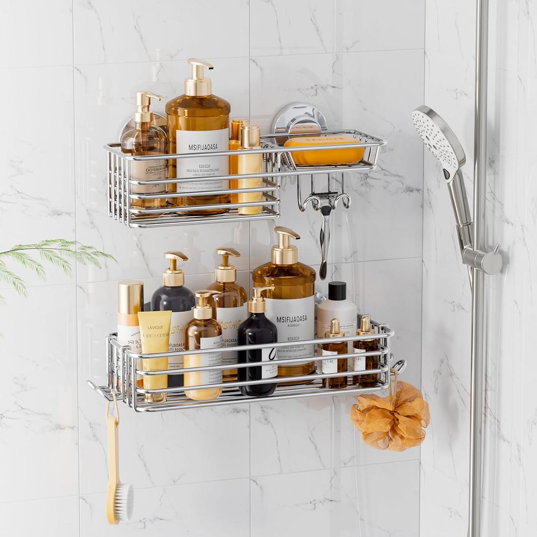 LEVERLOC Shower Caddy Suction Cup, 2 Pack Heavy Duty Bathroom Organizer for Inside Shower with Hooks & Soap holder, Removable and Rustproof Silver bathroom Holder Storage