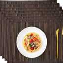 Bamboo Placemats with Fabric Border Set of 8 Natural Bamboo Rectangular Rolling Table Mats for Dining Kitchen Table Heat Resistant Table Protection Dark Brown