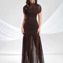 DOUMIFLY Women's Elegant Formal Long Dress Sleeveless Ruched Bodycon Evening Dress (Brown, S)