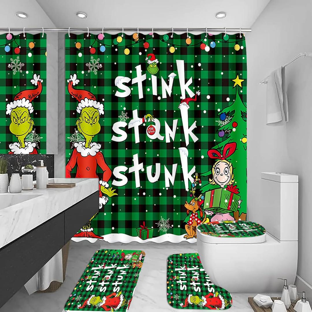 FCBZDQ 4Pcs Merry Christmas Shower Curtain Sets with Non-Slip Rugs, Toilet Lid Cover and Bath Mat, Xmas Winter Holiday Bathroom Decor with 12 Hooks 72 x 72 Inch