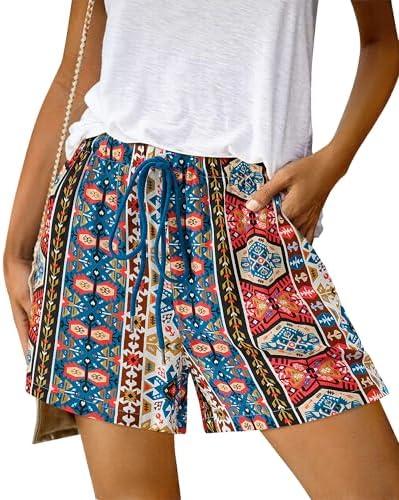 BTFBM Womens Boho Summer Shorts Beach Vacation Clothes 2025 Elastic Waist Casual Printed Loose Short Lounge Pant Pockets Size XL