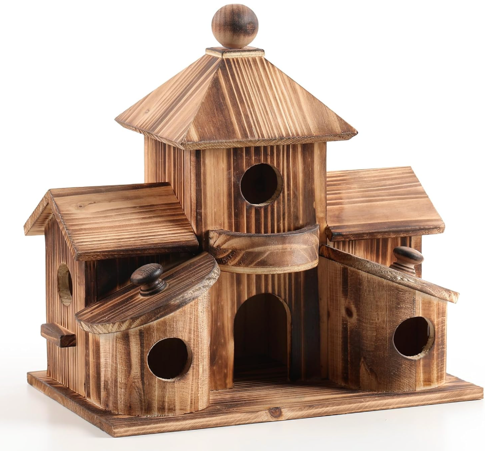 Bird Houses for Outside, Wooden 6 Hole Bird House Room for Multiple Birds, Outdoors Hanging Birdhouse Nesting Box for Garden, Bird Hotel for Wren Chickadee Sparrow