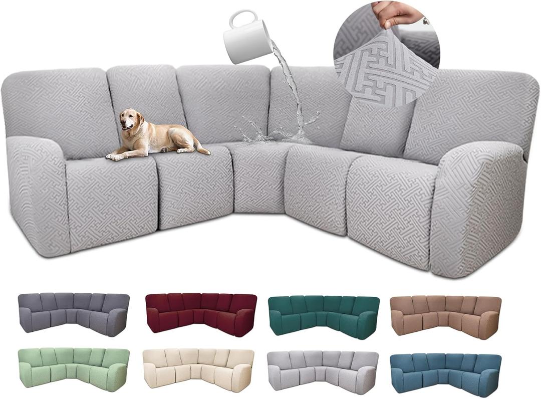 100% Waterproof Sectional Recliner Couch Covers for Reclining Couch L Shaped Corner Sectional Sofa Cover Jacquard Stretch L Shape Recliner Slipcovers (5 Seater Cover, Light Gray)
