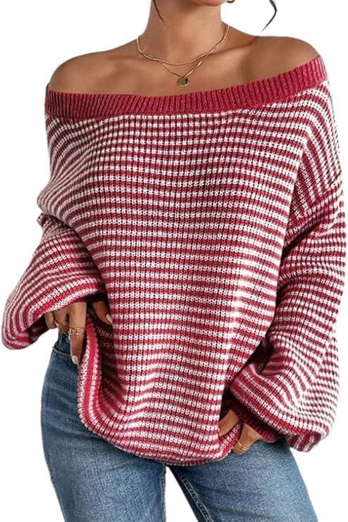 Women's Oversized Striped Sweater Casual Off The Shoulder Sweater Fall Long Sleeve Loose Knit Pullover Jumper Tops (Red)