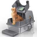 Covered Stainless Steel Litter Box with Lid Large Enclosed High Sided Hooded Metal Steel Cat Litter Box with Steps Scoop, Easy Cleaning, Odor Control, Front Entry Top Exit (Dark Grey)