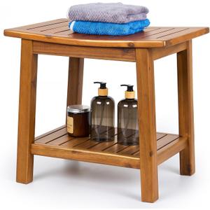 Teak Shower Bench, 20" Solid Wood Shower Stool Waterproof Shower Seat with Storage Shelf for Bathroom, Indoor & Outdoor Use