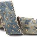 10 Yards 1.5 Inch Denim Trim Fabric Patriotic Ribbon Blue Bronzing Jeans 4th of July 3D Gold Foil Star Print Applique Sewing Ribbon Tape Bulk for Sewing Making Crafts Gift Wrapping Christmas