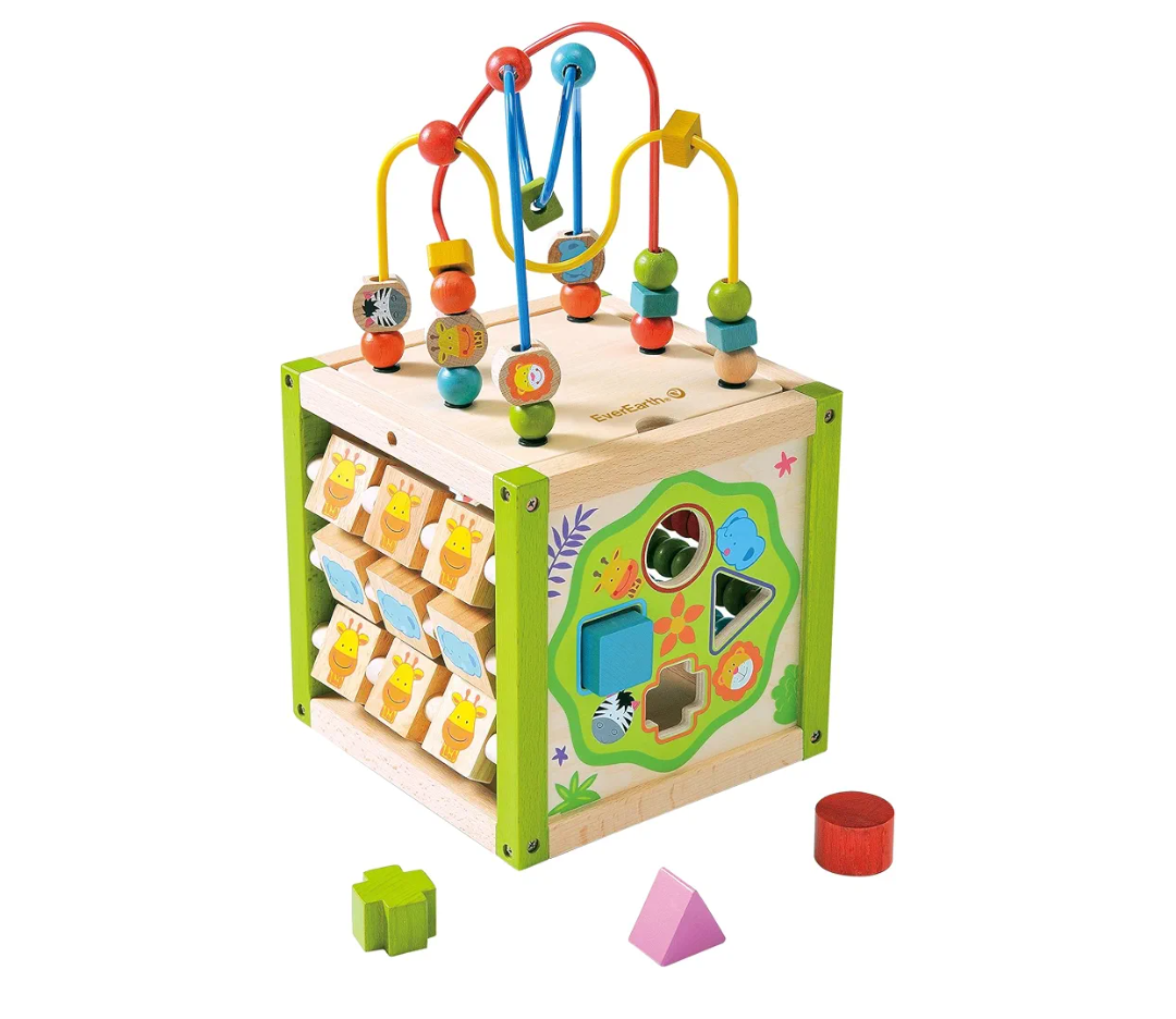 Wooden Activity Play Cube 6 in-1 for Baby with Removable Bead Maze, Shape Sorter, Abacus Counting Beads & Numbers, Sliding Shapes, 8Pcs Stacking Cups  Play22