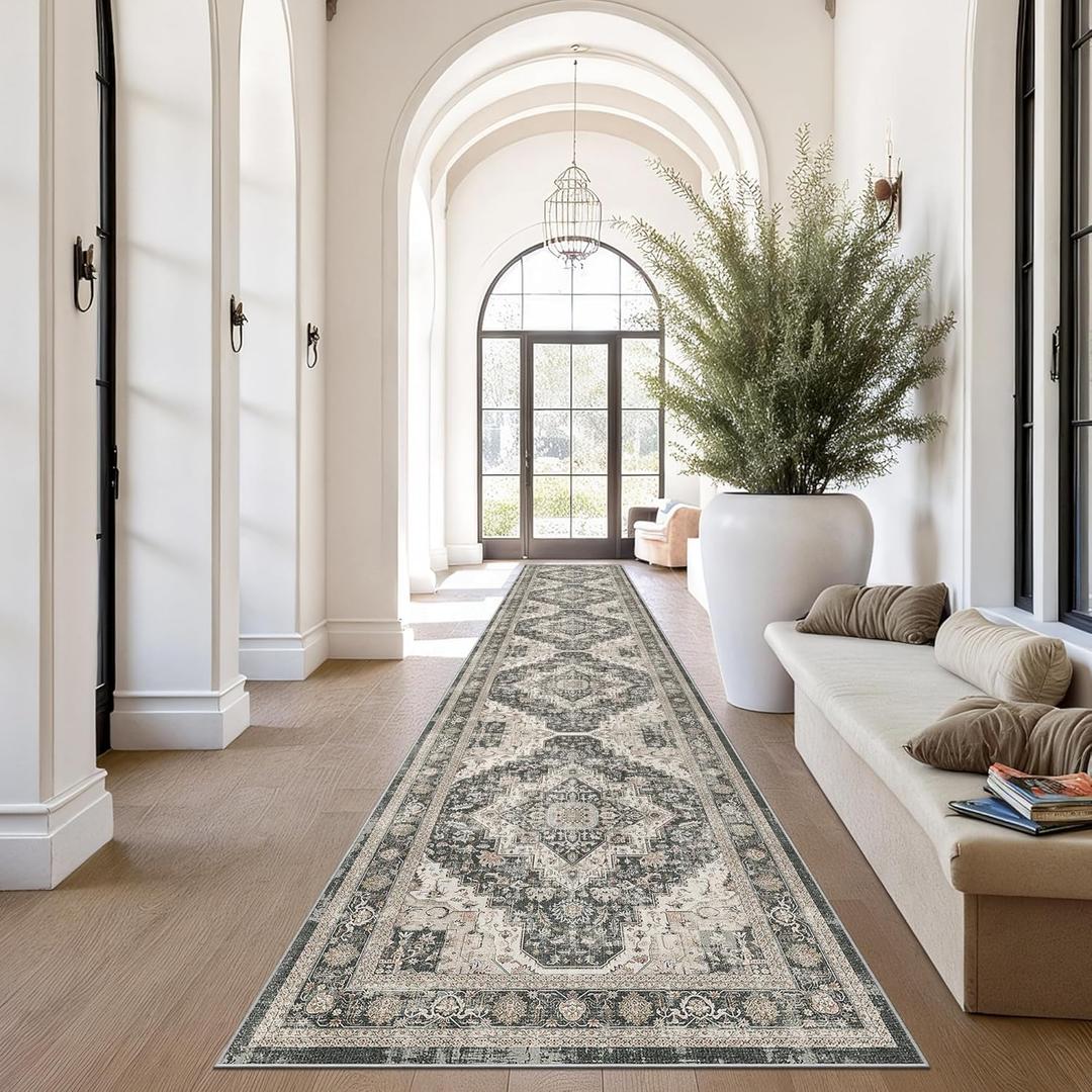 Roxstand Washable Runner Rug 2.6x14 Runners for Hallways, Ultra-Thin Carpet Runners for Entryway Anti Slip Backing Runner Rugs for Kitchen Laundry Room Indoor Hallway (Black/Beige)