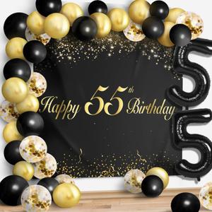 Happy 55th Birthday Balloons Black Set Decor - Cheers to 55 Years Old Party Theme Garland Banner Backdrop Decorations For Women and Men Supplies