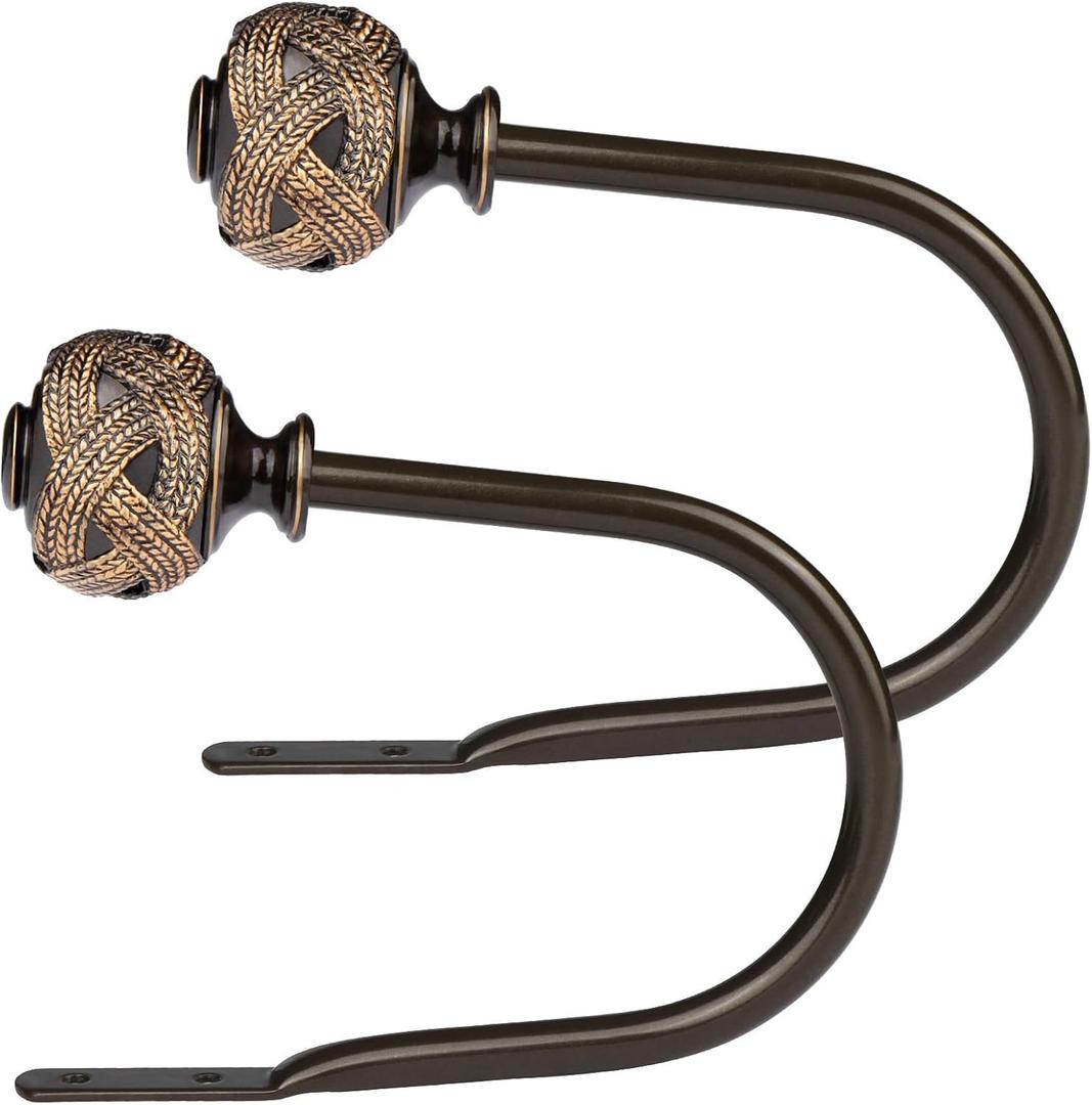 2 Pack Bronze Curtain Holdbacks, Decorative Window Drapery Tiebacks (2 Pack/1 Pair), Curtain Tie Back Hooks for Wall with Leaf Finials (6.1" L x 4.1" W)