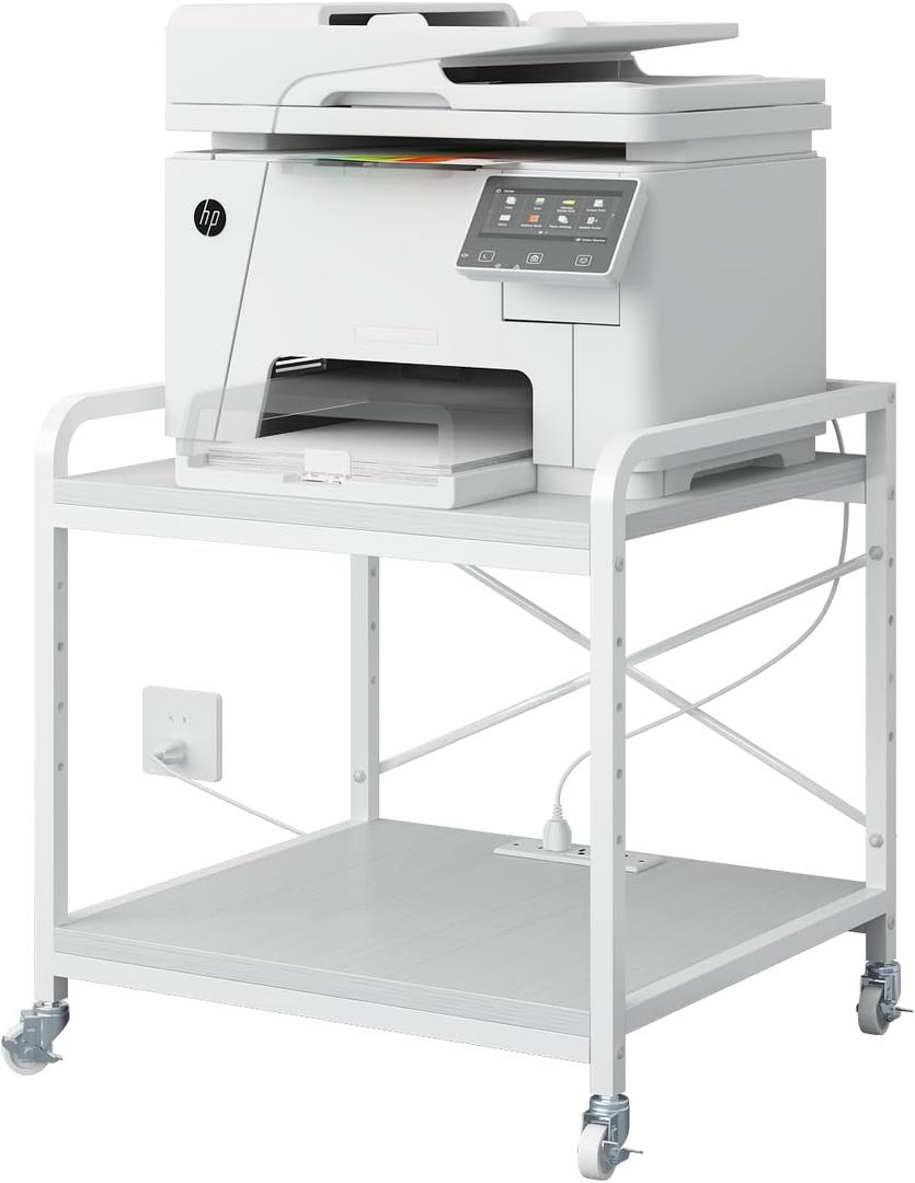Under Desk Printer Stand with Power Outlet Large Printer Table with Adjustable Shelf,Industrial Wheels, 20 Inches Deep 2 Tier Rolling Printer Cart for Home Office, White