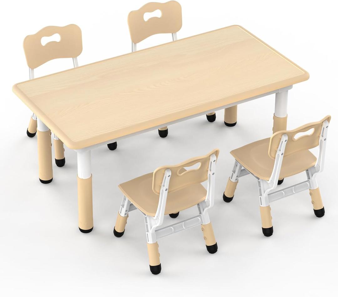 HLPB Kids Table and 4 Chairs Set, Adjustable Height, Graffiti Desktop, Non-Slip Legs, 47.2''L x 23.6''W Toddler Multi-Activity Table for Ages 2-8, Max 300lbs, for Daycare, Classroom, Home