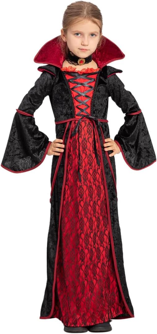 Halloween Costumes for Girls Vampire Costume Toddler Gothic Victorian Royal Dress Up Themed Party Role Play Cosplay (Medium(8-10 yrs), Black)
