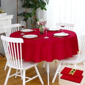 FOLINS&HOME 2 Pack Red Round Tablecloth - 60 Inch Waterproof 210 GSM Wrinkle Free Polyester Circle Table Cloth, Spillproof Washable Wipeable Table Cover for Party, Wedding, Dining (2 Pcs)