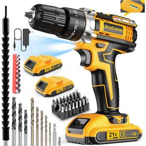 JayLene 21V Cordless Drill Set, Power Drill 59Pcs with 3/8 Inch Keyless Chuck, 25 3 Clutch Electric Drill with Work Light, Max torque 45Nm, 2-Variable Speed & 2 Batteries and Fast Charger (Black Yellow)
