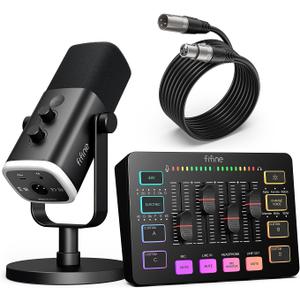FIFINE Gaming Equipment Bundle, Dynamic XLR/USB Gaming Microphone Set with Streaming Audio Mixer for Podcast Recording Video Vocal, RGB Gamer Set with Volume Fader/XLR Interface for PCAmpliGame KS5
