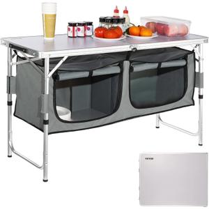 VEVOR Camping Kitchen Station, 3 Adjustable Height Folding Outdoor Camp Cooking Table with Storage Organizer, Quick Set-up for Patio BBQ Picnic Glamping Traveling (Grey)