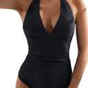 Women's One Piece Swimsuit Sexy Tummy Control Halter V Neck Bathing Suits (Black, M)