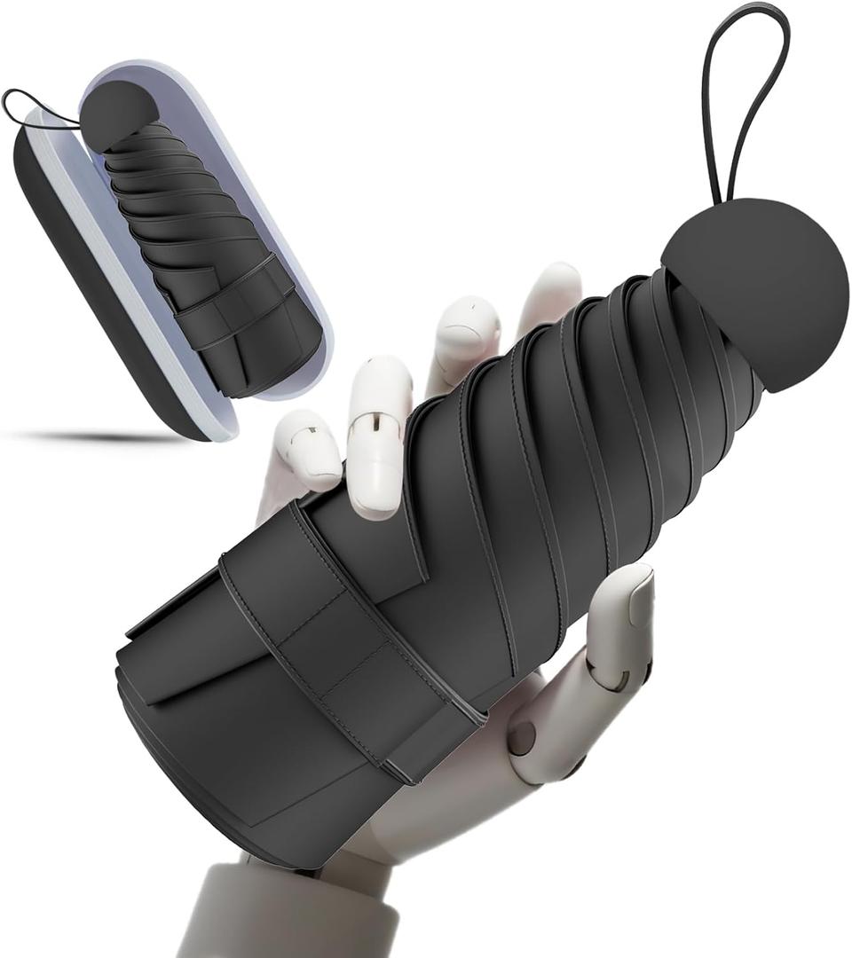 Windproof Mini Travel Folding Umbrella - UPF 50+ Sun & Rain Protection, Small Compact Lightweight Design Fits in Pocket or Bag, Eco-Friendly Fabric Wallet Umbrella for Commuter, Men Women Boys Girls (Black-1)