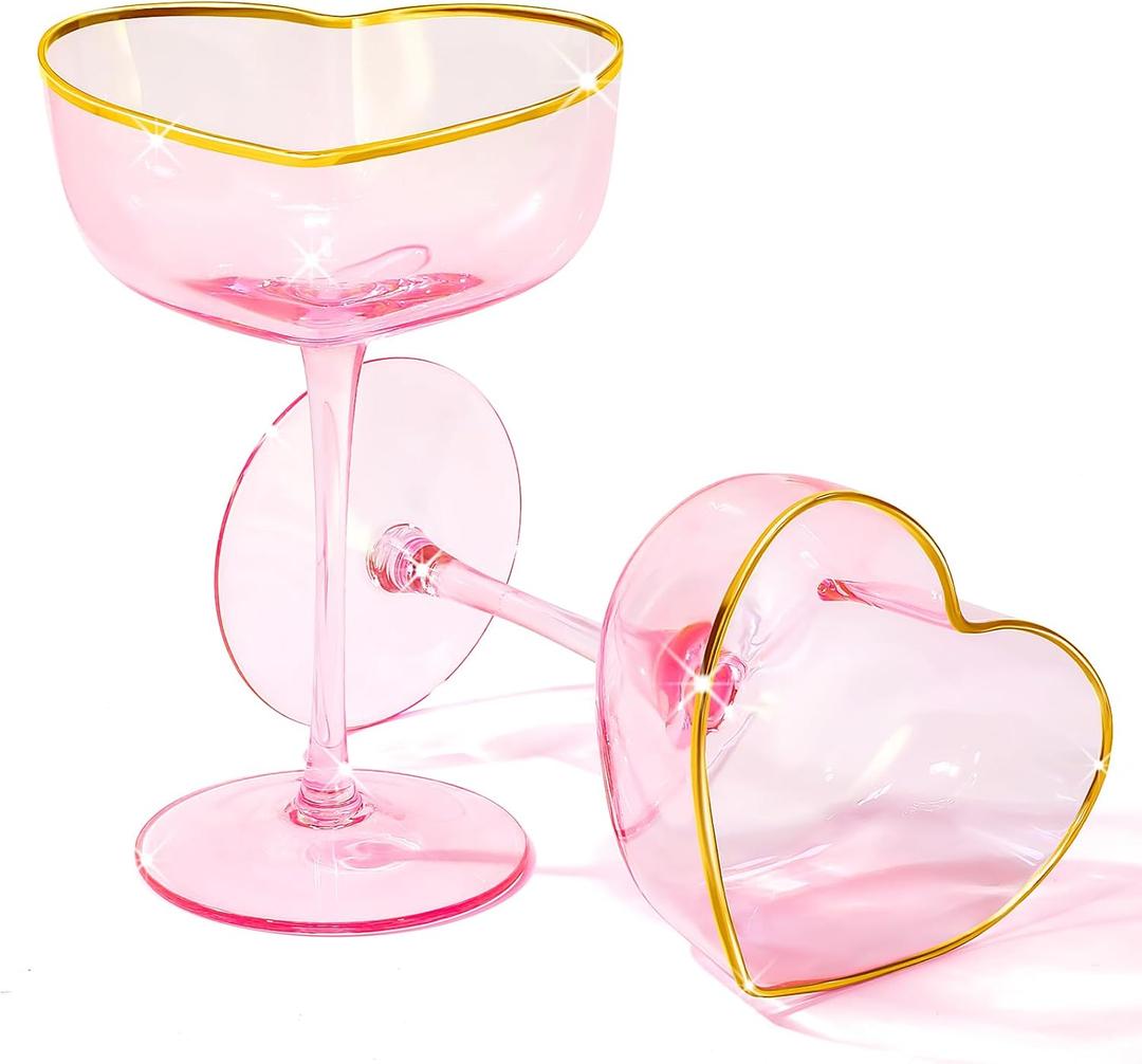 2 Pack Wedding Heart Shaped Champagne Flutes Pink Coupe Martini Glasses Cocktail Toasting Glasses Wine Cups with Gold Rim for Bridal Shower Celebrations Girl Birthday Party Supplies(Classic)