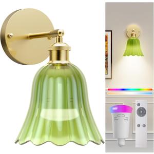 Battery Powered Sconce, Vintage Battery Operated Wall Sconce, Remote Operated 18-Color Long Lasting Rechargeable Wall Lamps for Home Decor Bedroom Living Room Hallway (Complete Kit) (Green Tulip-1pack, Green Tulip-1pack)