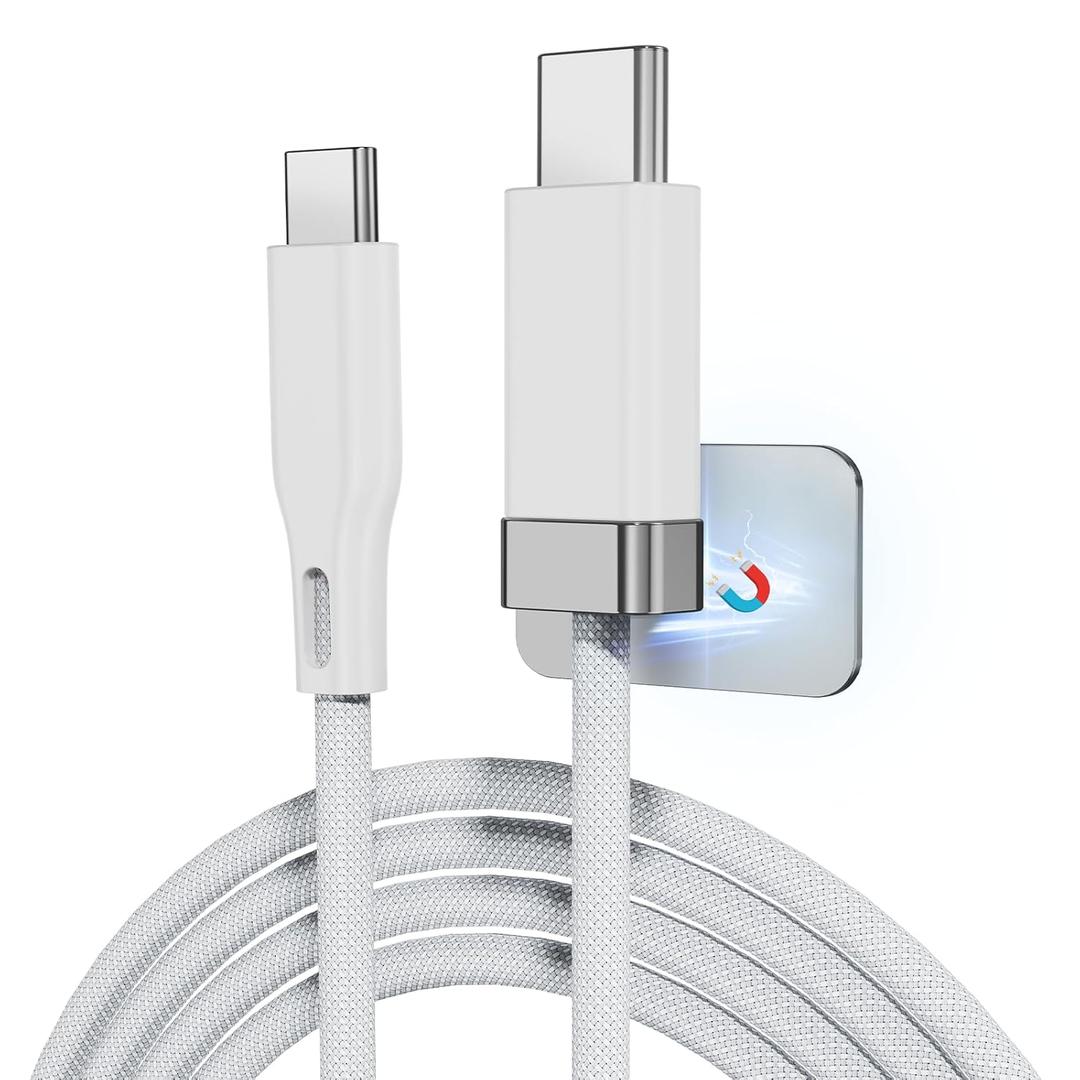 3 x USB C to C Cable StayCable with Organizer Magnetic Holder 5FT, 60W Fast Charging Braid Type-C Charger Data Cord, for iPhone 17/16/15 Laptop Car Desk Nightstand Cable Management Original Design (White)