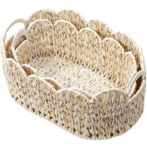 Coeusy Wicker Scalloped Basket Set of 2,Woven Storage Baskets for Shelves,Closet,Laundry,Gifts,Towels,Books,Toys,Waterproof Boho Decor Basket for Organizing