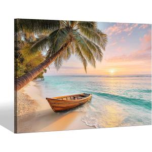 Coastal Beach Canvas Wall Art: Sunset Ocean Wave Picture Tropical Palm Tree Painting Sea Seaside Boat Prints Modern Seascape Artwork for Bathroom Bedroom Living Room, 36"L x 24"W