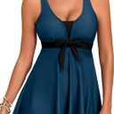 Aleumdr Women Printed Two Piece Tankini Swimsuits Tummy Control Swim Dress High Waisted Boyshort with Pockets (Blue, L)