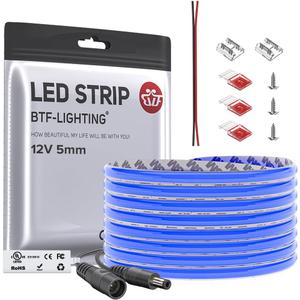 BTF-LIGHTING FCOB COB LED Strip Blue Color 5mm Width UL Listed Super Narrow Flexible Uniform Light DC12V 16.4FT CRI 90+ Dimmable LED Ribbon for Bedroom Home Indoor Decor(No Adapter or Controller)
