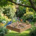 Cedar Wood Platform Tray Bird Feeder 10 - Hanging Bird Feeder for Outside Outdoor - Stainless Steel Cable Mesh Base - Weather Proof Birdfeeder for 10 Years - Longtime Outdoor Lasting Heavy Duty