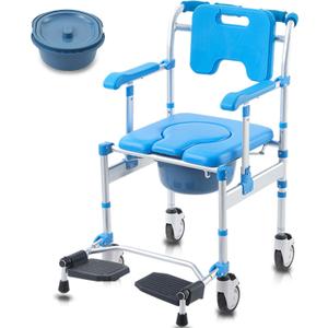 Shower Chair with Wheels Folding Armrests Can Be Upturned Rolling Shower Wheelchair Bedside Commode Chair Toilet with Detachable Bucket for Seniors and Disabled, Weight Capacity 330lbs (Blue)