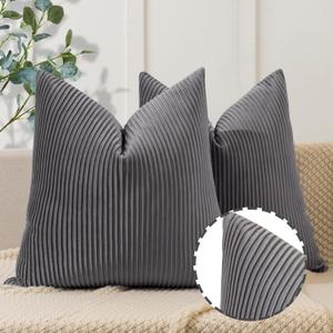 YCOLL Gray Pillow Covers 24x24 Set of 2 Velvet Striped Pattern - Soft Throw Pillows for Home Decor, Luxury Decorative Pillow Covers for Couch, Bed,Living Room