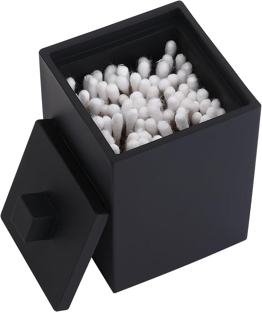Q-tip Holder Square Cotton Swab Holder with Lid Resin Cotton Ball Canister Jar Cosmetics Makeup Countertop Organizer Containers Canister Apothecary Jar, Matte Black