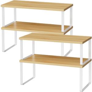 OGEMXU Cabinet Shelf Organizers, 15.7 inches Large Kitchen Counter Shelf, Set of 4 Wood Kitchen Pantry Organizer, Storage Shelves for Countertop, Spice Rack, Stackable, Expandable, Metal White, Nature
